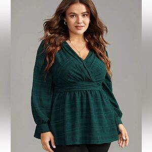 BloomChic Plus Size 3XL Plaid Wrap Ruched Lantern Sleeve Blouse us22-24